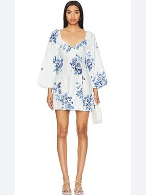 NEW Free People Francesca Long Sleeve Floral Mini Dress in Tonal Blue size XS